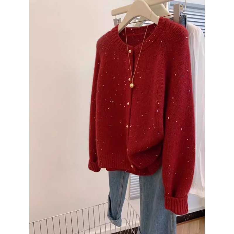 Sequins knitted sweater tender red coat for women