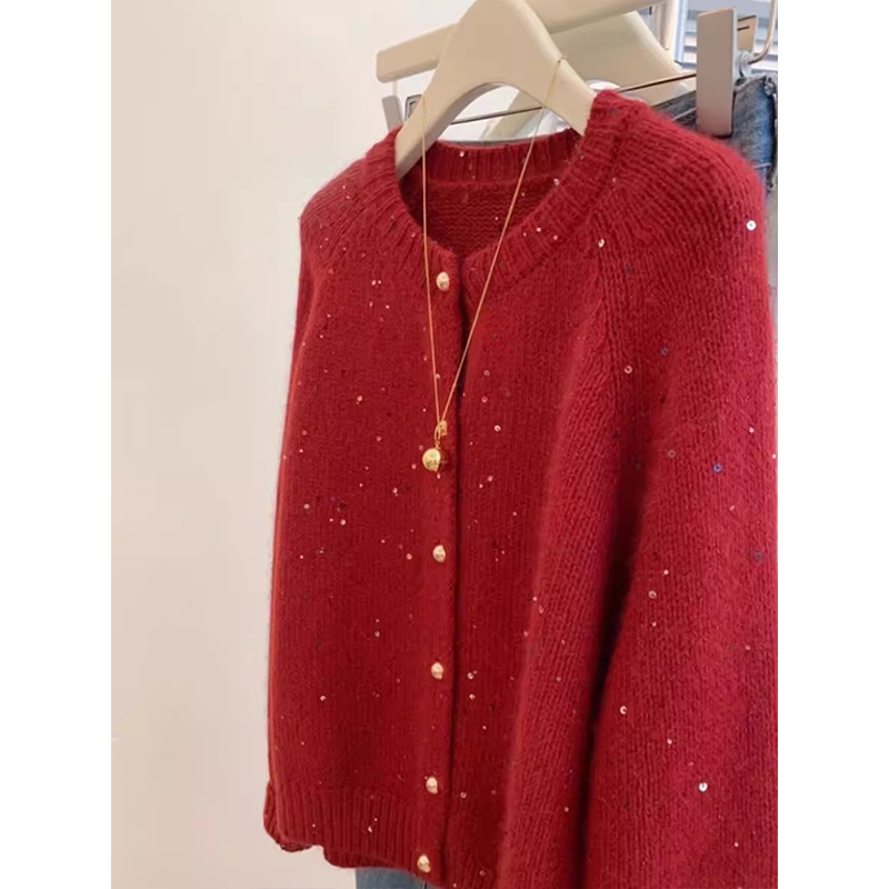 Sequins knitted sweater tender red coat for women