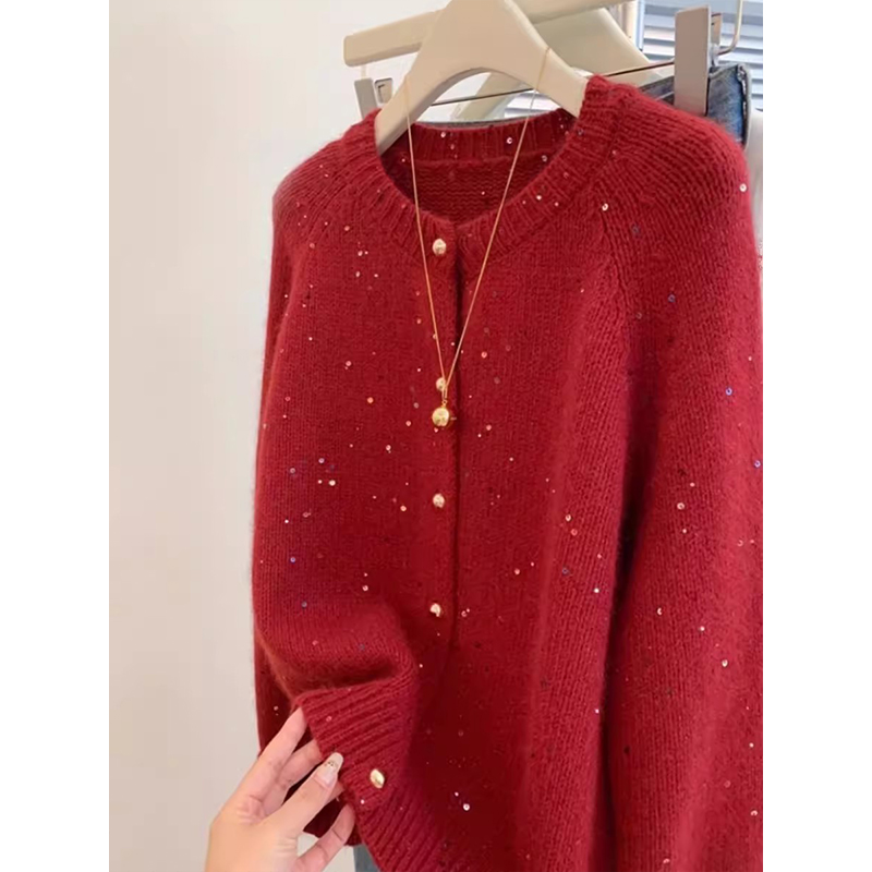 Sequins knitted sweater tender red coat for women