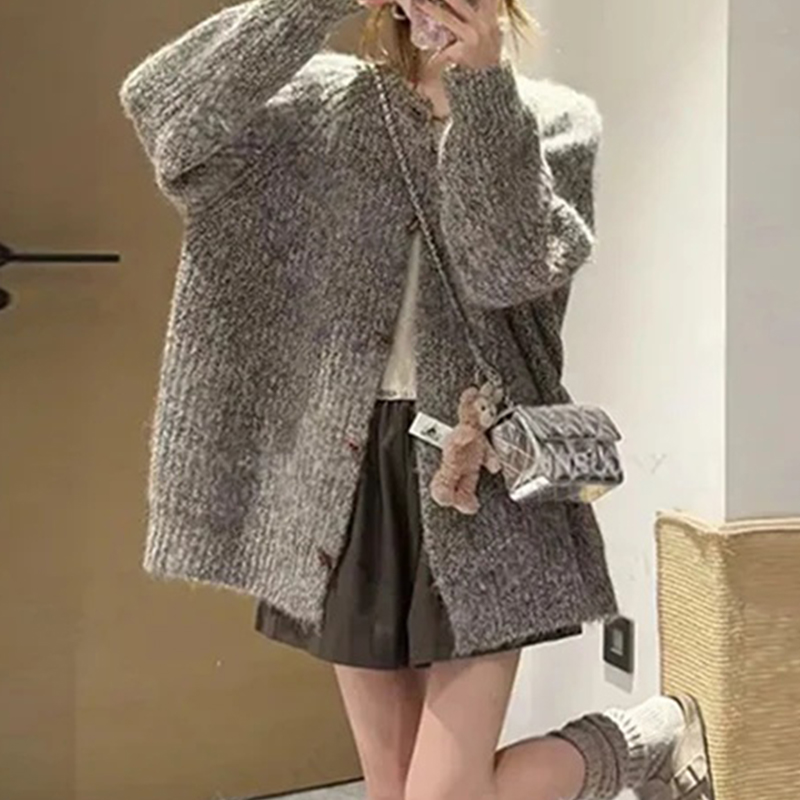 Gray loose lazy sweater retro autumn and winter knitted tops