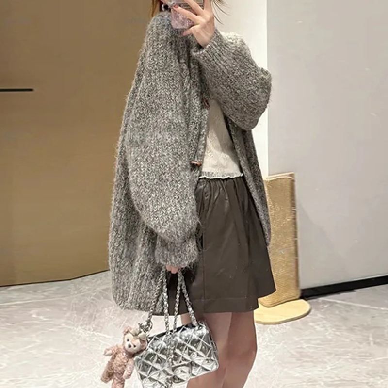 Gray loose lazy sweater retro autumn and winter knitted tops