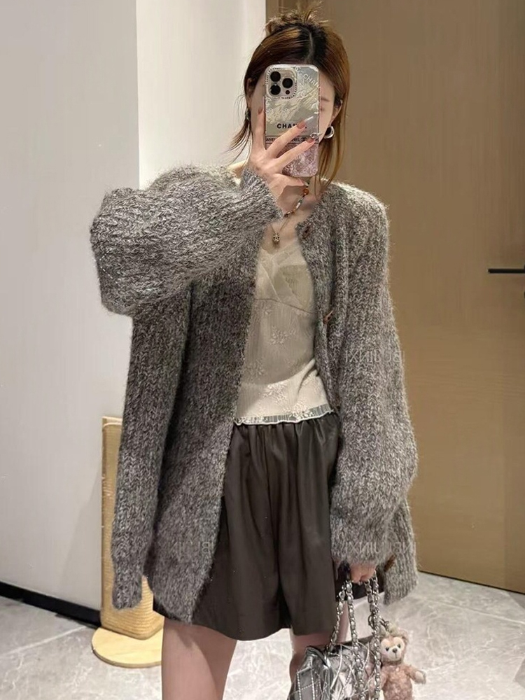 Gray loose lazy sweater retro autumn and winter knitted tops