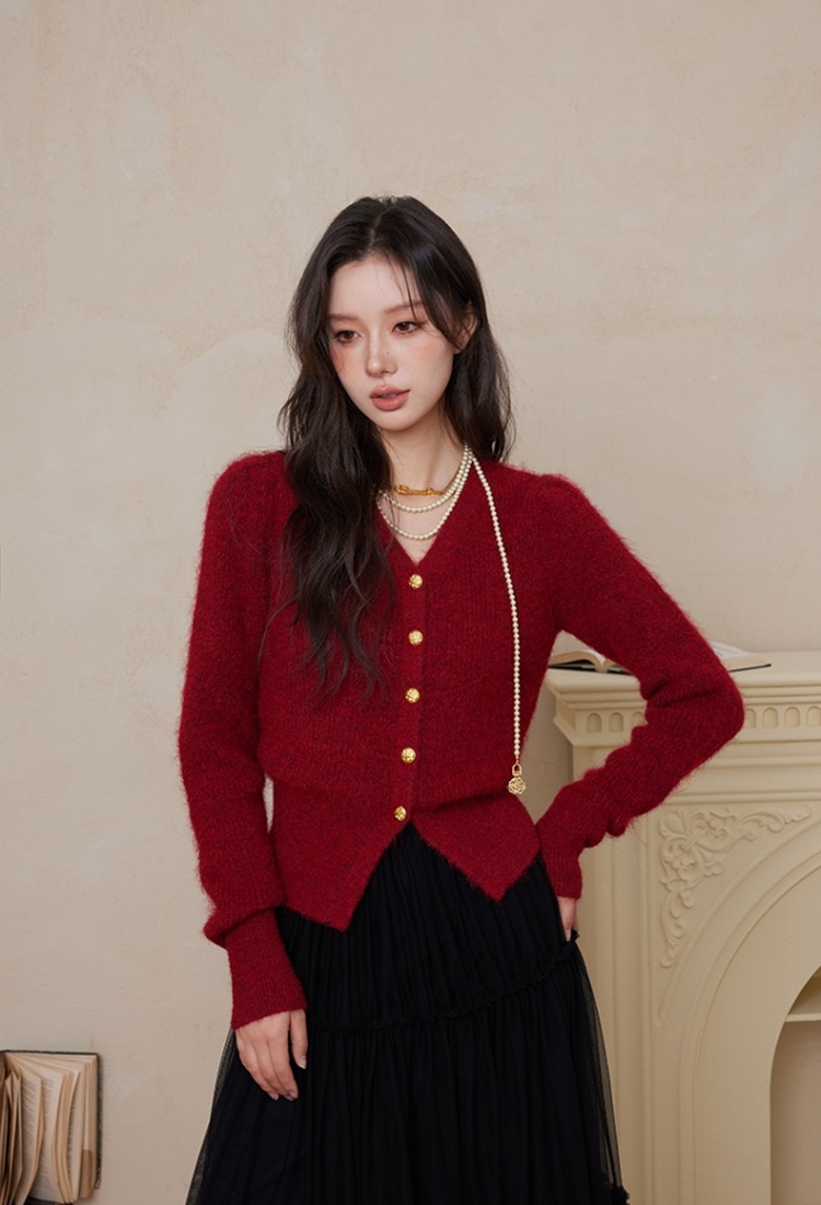 France style retro sweater winter red cardigan for women