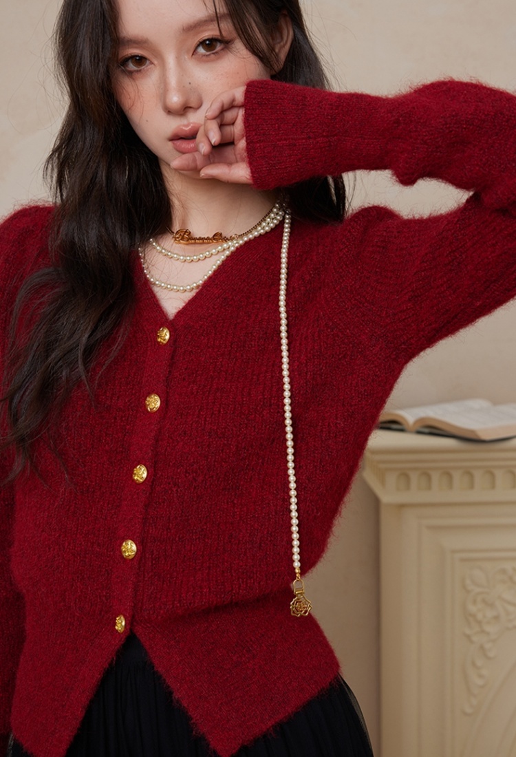 France style retro sweater winter red cardigan for women