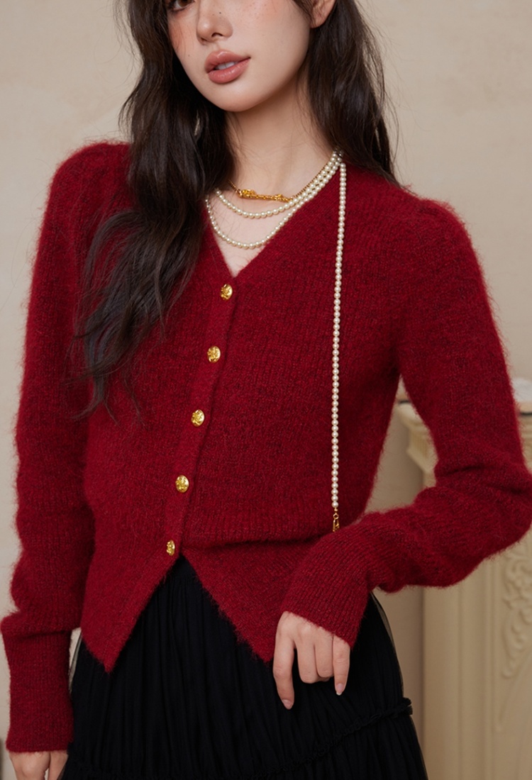 France style retro sweater winter red cardigan for women