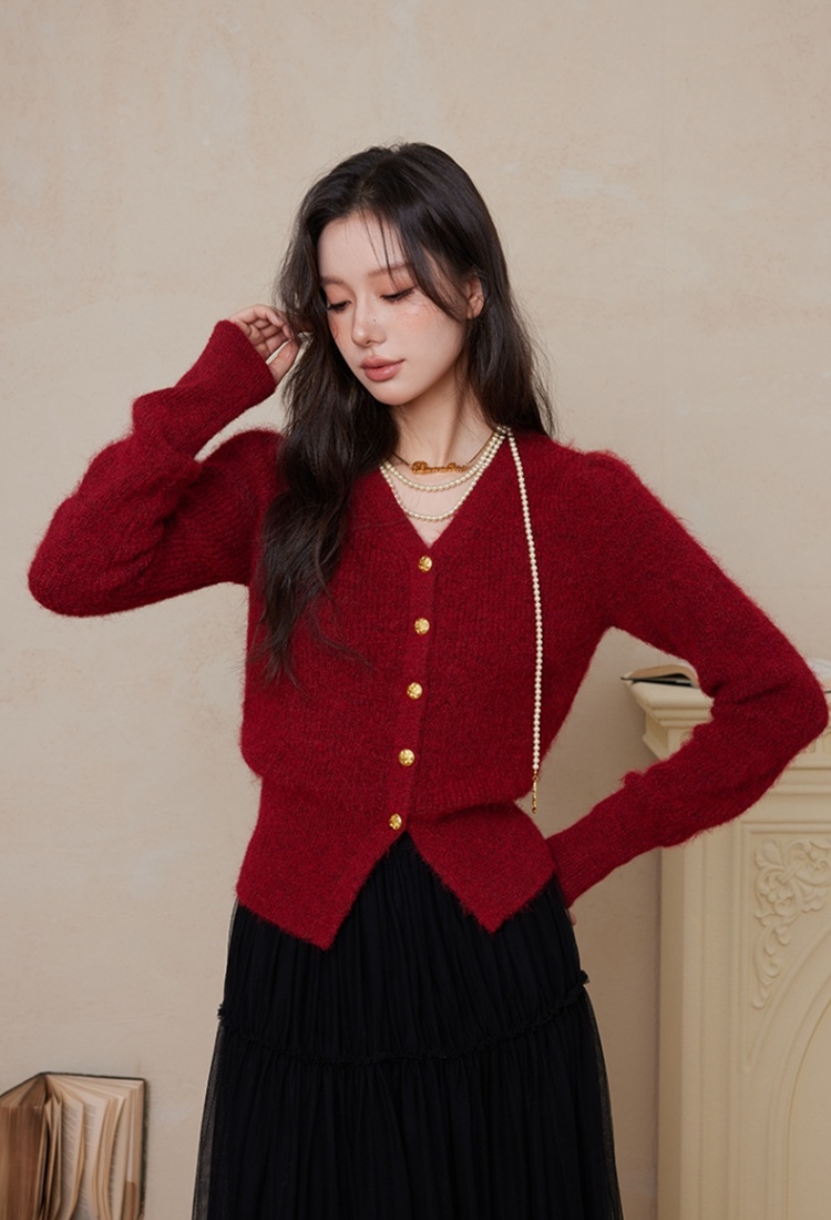 France style retro sweater winter red cardigan for women
