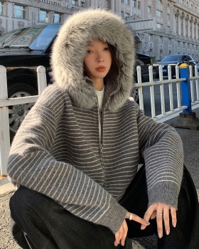 Fur collar loose Casual coat autumn stripe tops for women
