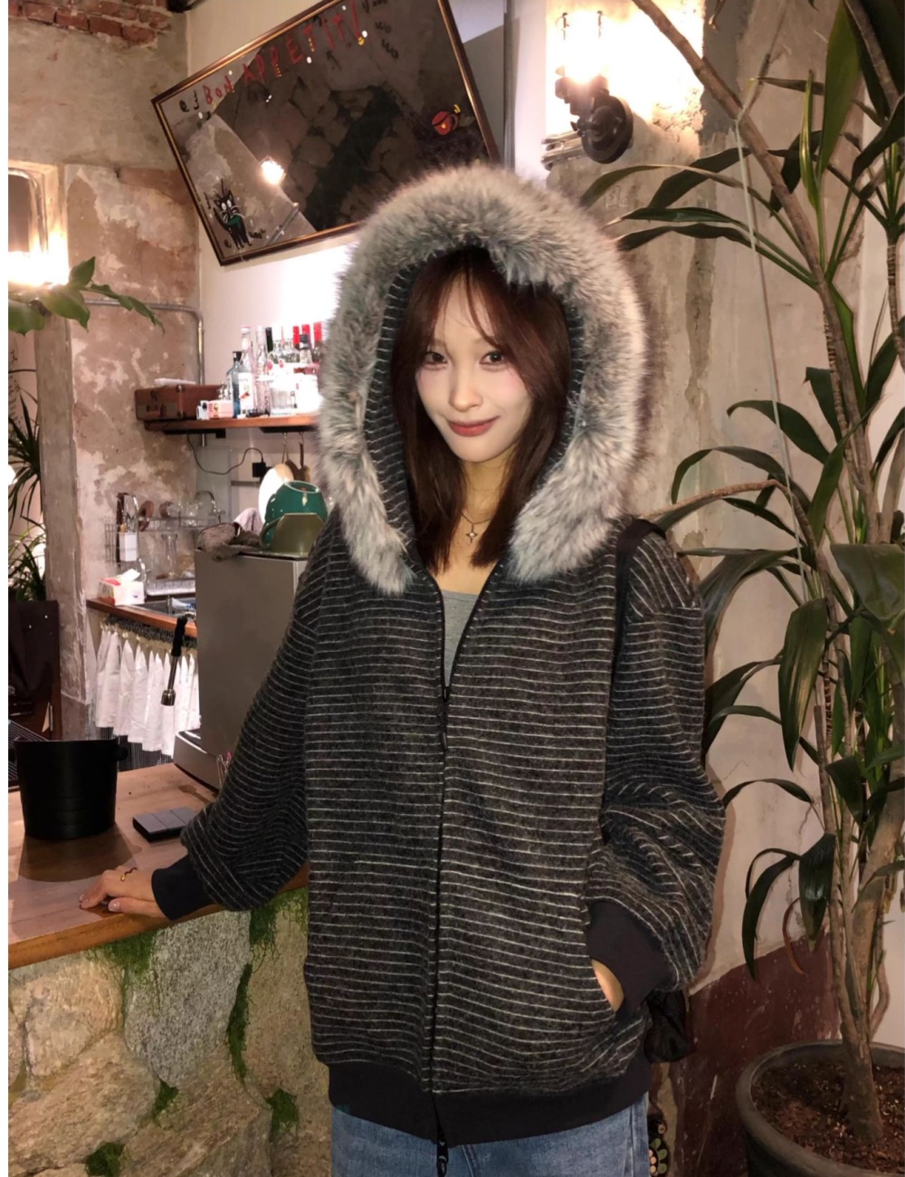 Fur collar loose Casual coat autumn stripe tops for women