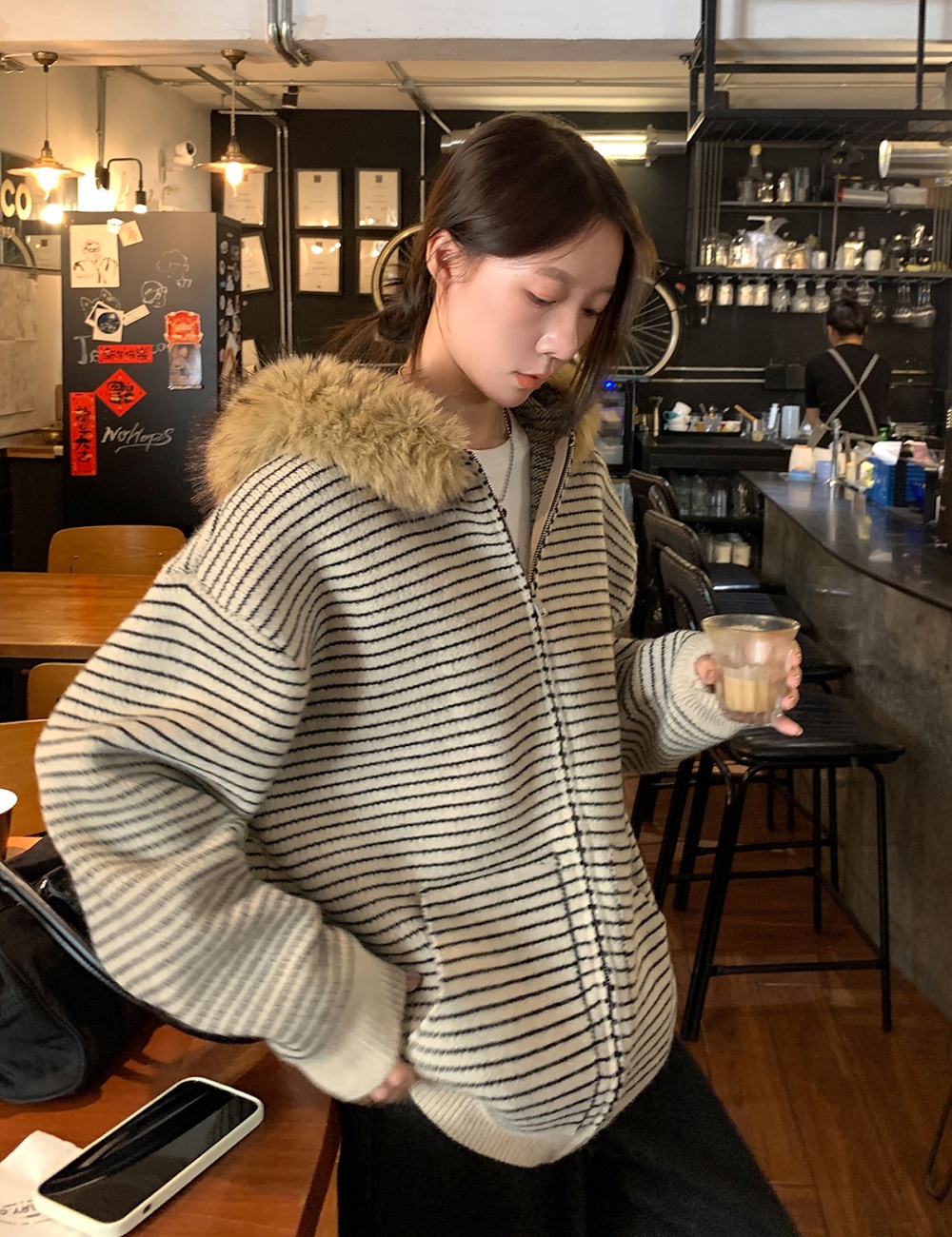 Fur collar loose Casual coat autumn stripe tops for women