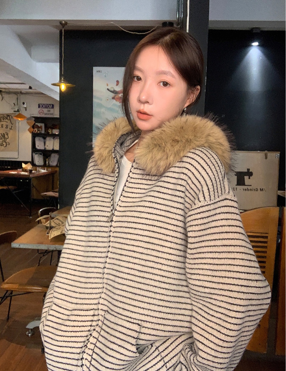 Fur collar loose Casual coat autumn stripe tops for women