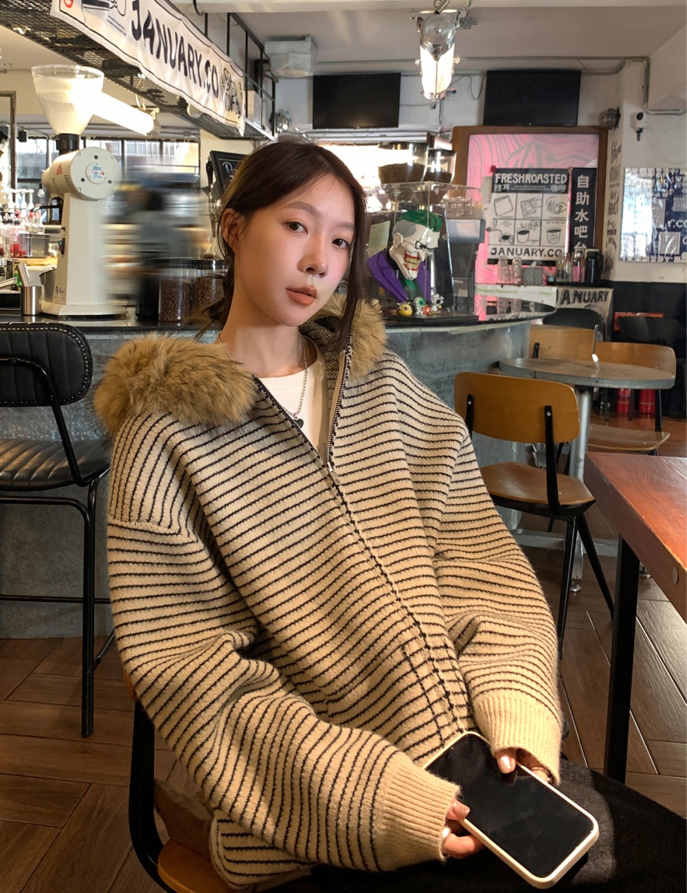 Fur collar loose Casual coat autumn stripe tops for women