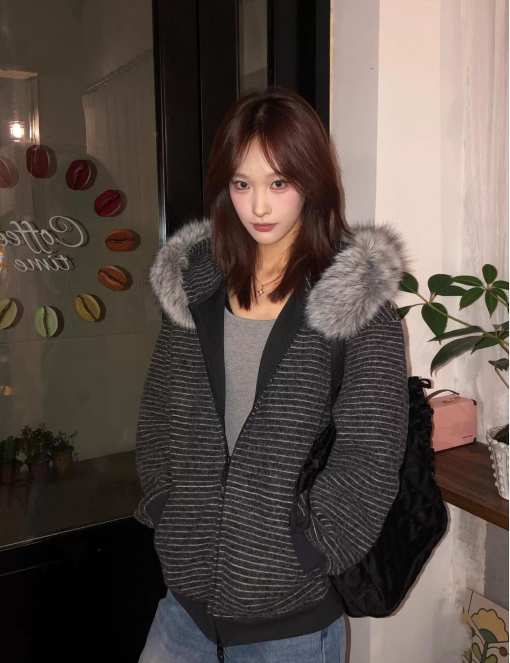 Fur collar loose Casual coat autumn stripe tops for women