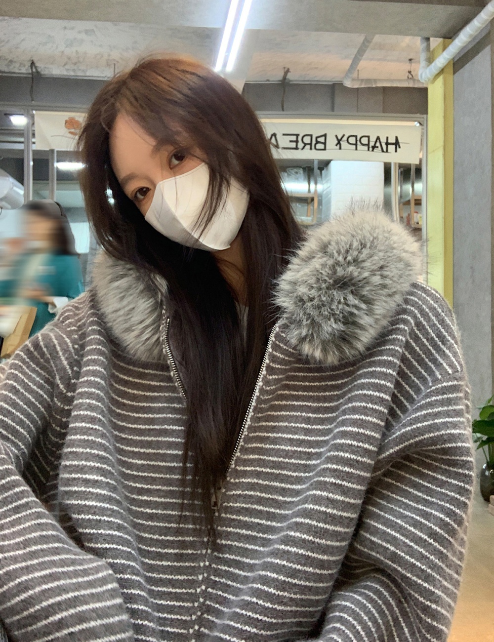 Fur collar loose Casual coat autumn stripe tops for women