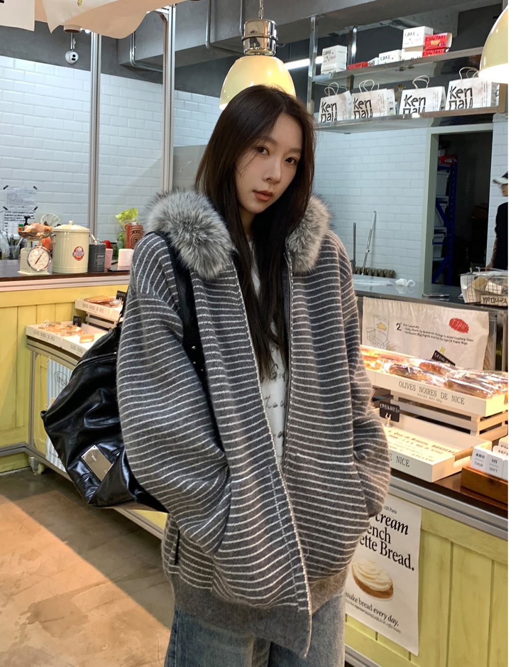 Fur collar loose Casual coat autumn stripe tops for women