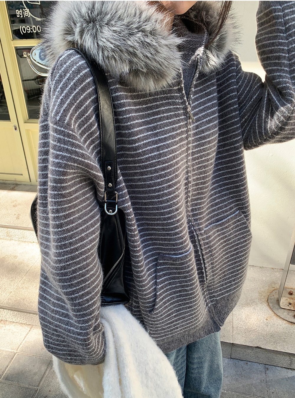 Fur collar loose Casual coat autumn stripe tops for women