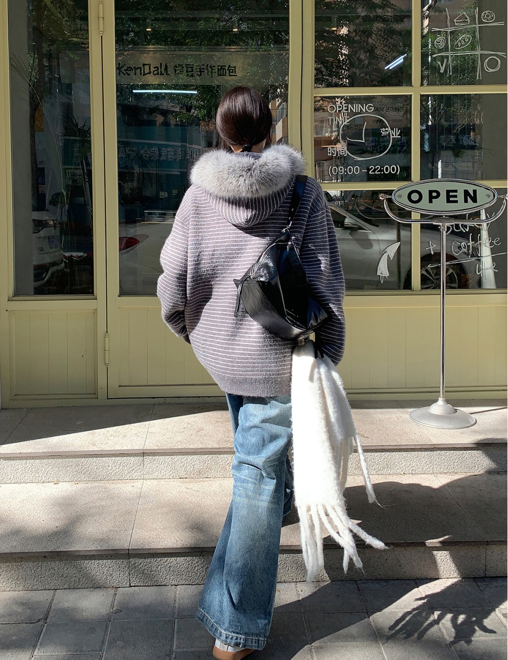 Fur collar loose Casual coat autumn stripe tops for women