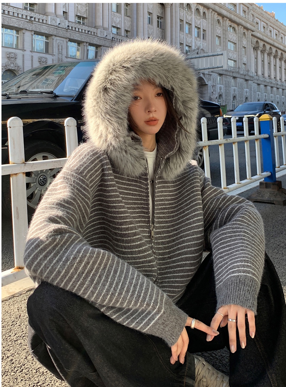 Fur collar loose Casual coat autumn stripe tops for women