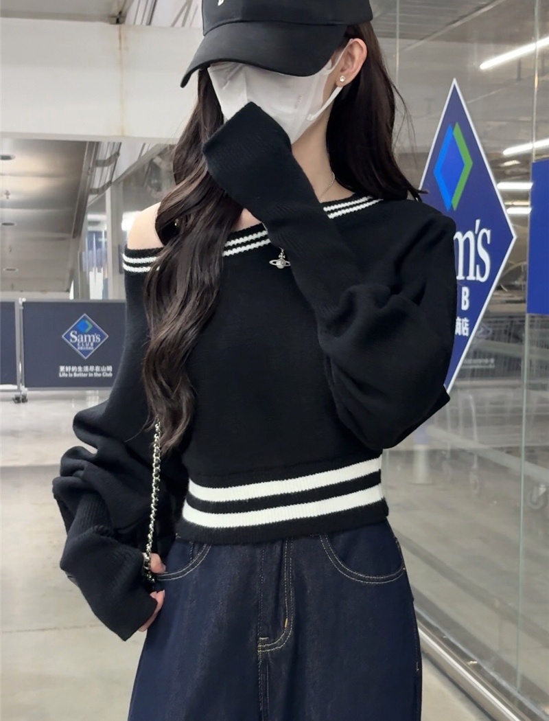 Pinched waist mixed colors tops knitted sweater