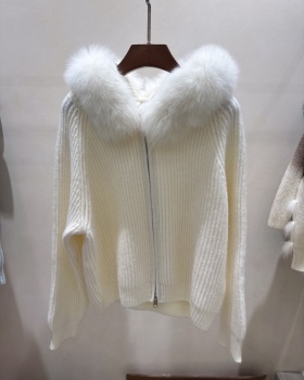 Fox fur collar zip coat short sweater for women