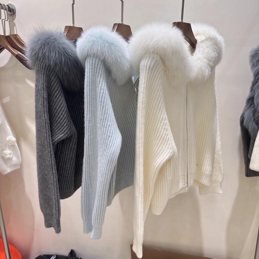 Fox fur collar zip coat short sweater for women
