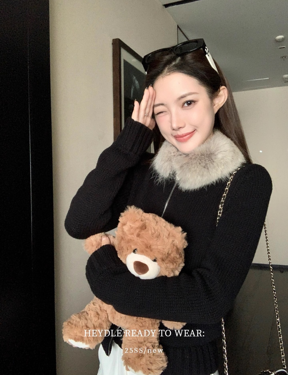 Knitted autumn and winter sweater short fur collar cardigan