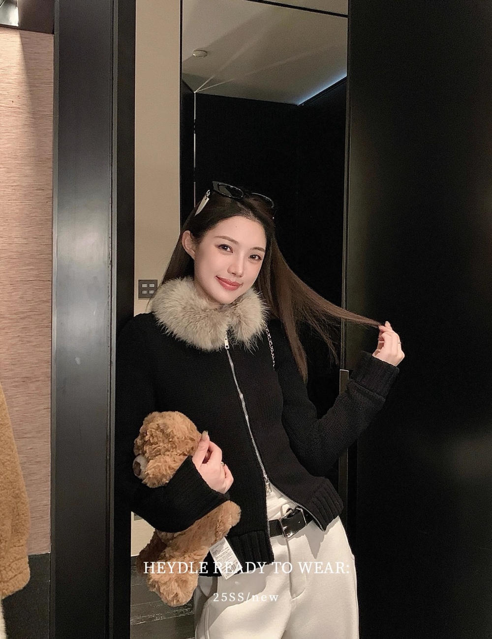 Knitted autumn and winter sweater short fur collar cardigan