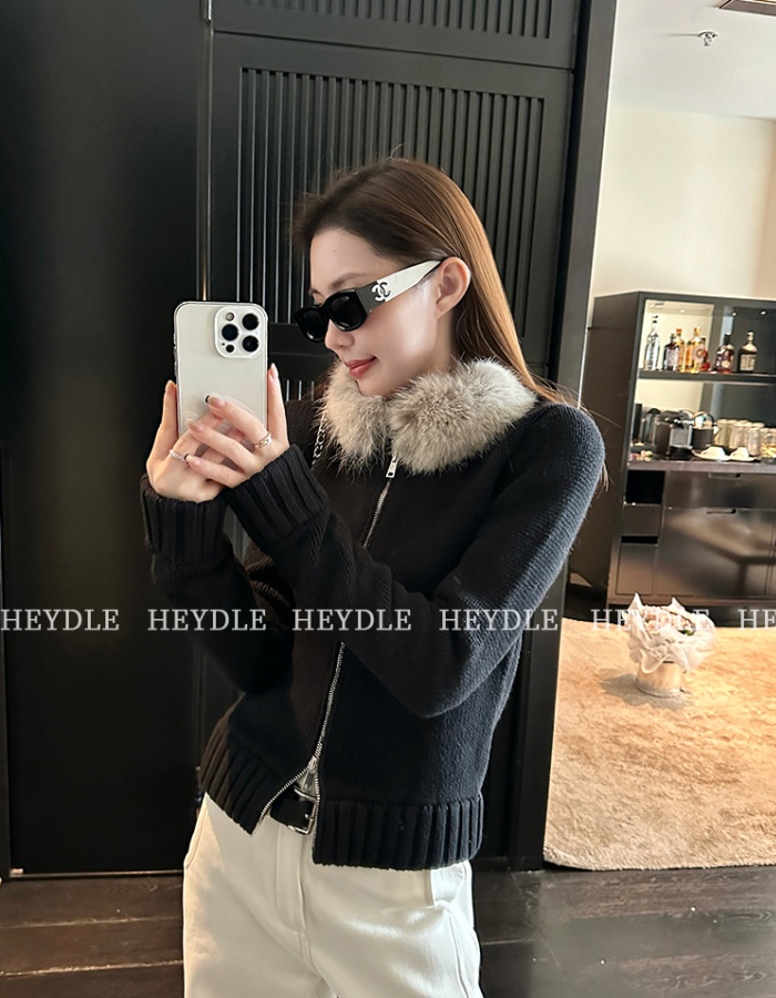 Knitted autumn and winter sweater short fur collar cardigan