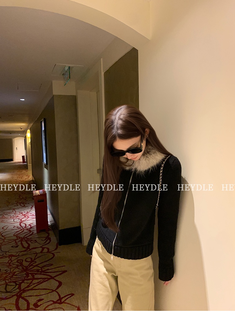 Knitted autumn and winter sweater short fur collar cardigan