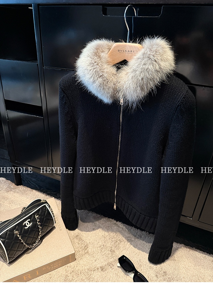 Knitted autumn and winter sweater short fur collar cardigan