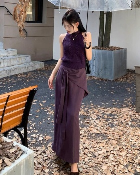 Spicegirl purple skirt high waist straps knitted vest 2pcs set