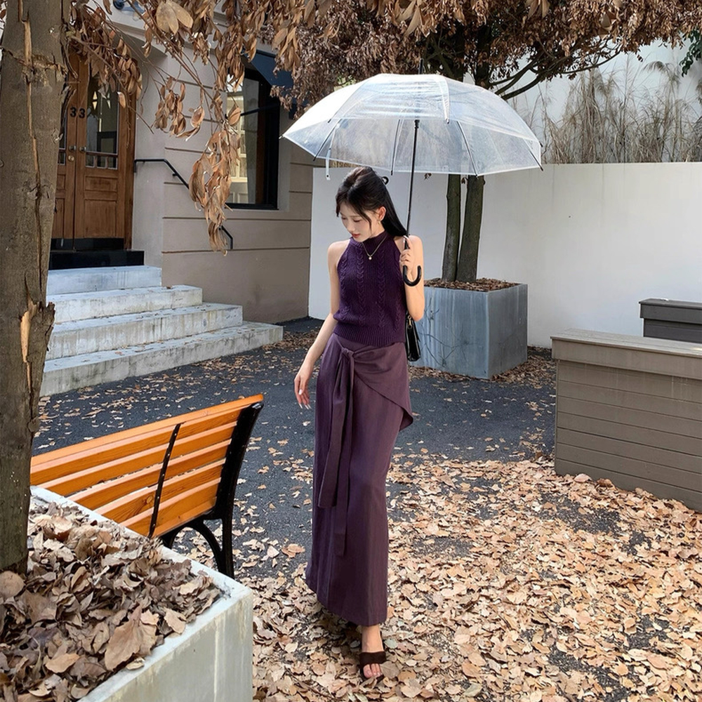 Spicegirl purple skirt high waist straps knitted vest 2pcs set