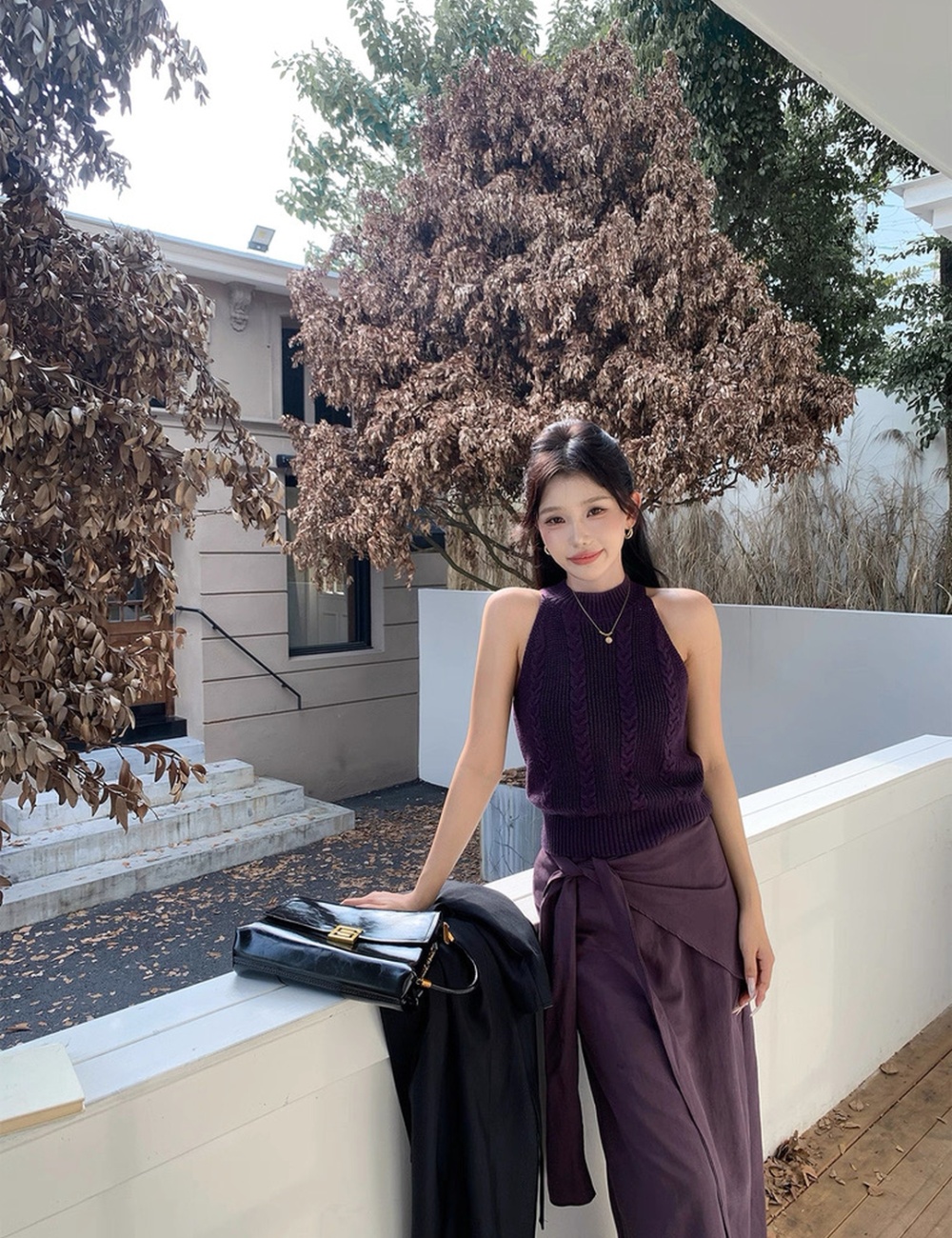Spicegirl purple skirt high waist straps knitted vest 2pcs set