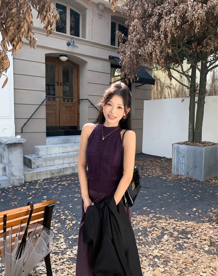 Spicegirl purple skirt high waist straps knitted vest 2pcs set