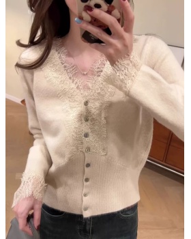 V-neck bottoming slim cardigan temperament lace tops