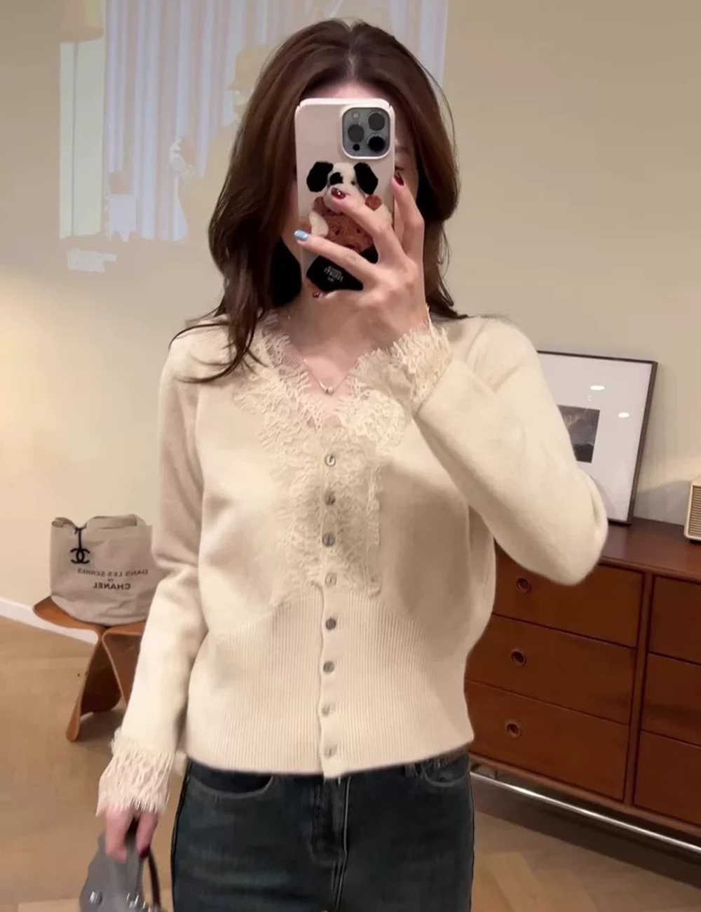 V-neck bottoming slim cardigan temperament lace tops