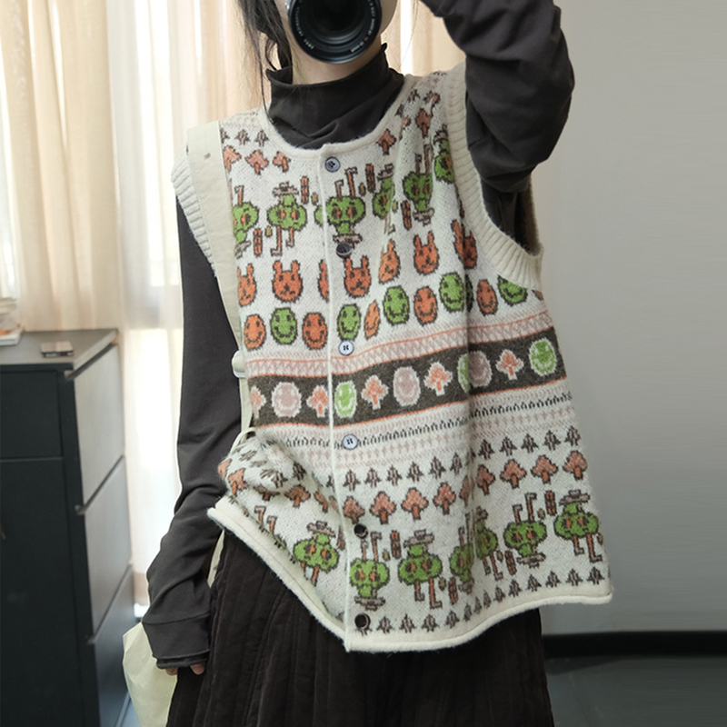 Autumn and winter printing knitted round neck loose waistcoat