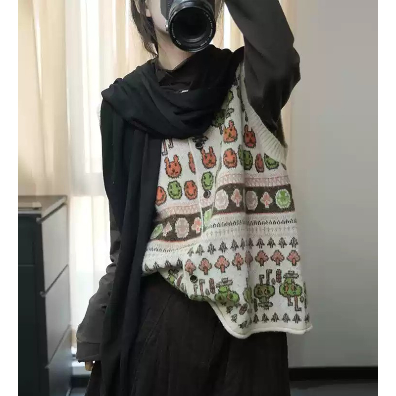 Autumn and winter printing knitted round neck loose waistcoat