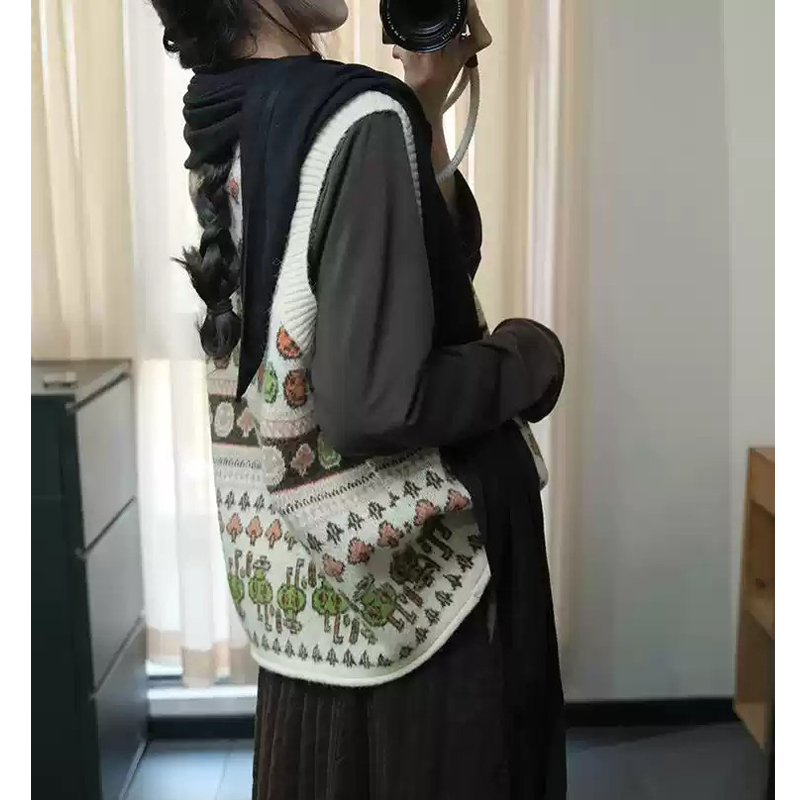 Autumn and winter printing knitted round neck loose waistcoat