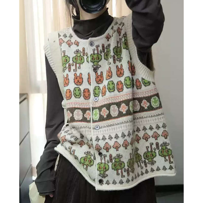 Autumn and winter printing knitted round neck loose waistcoat
