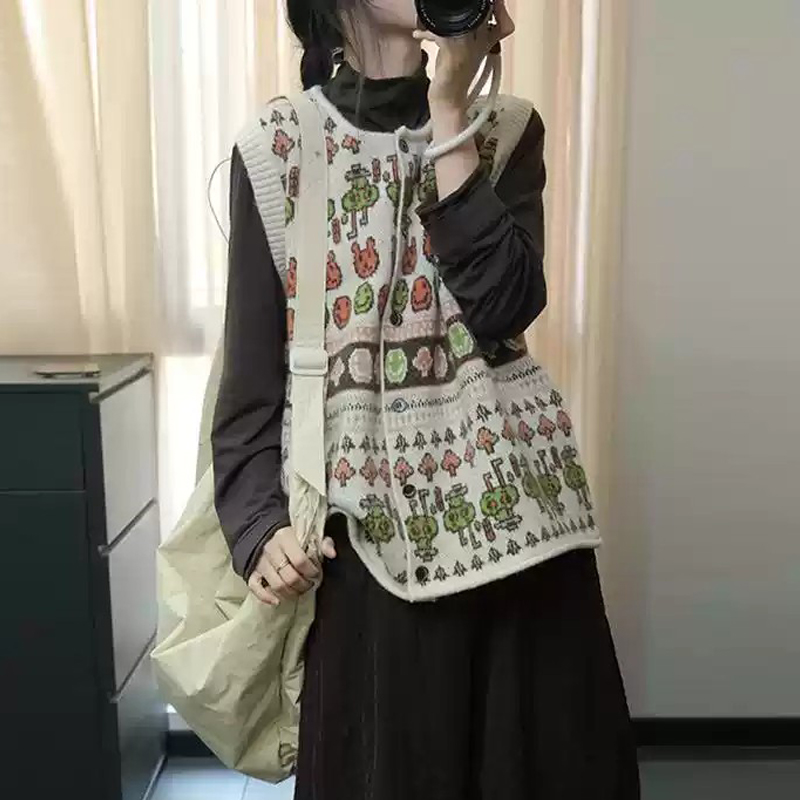 Autumn and winter printing knitted round neck loose waistcoat