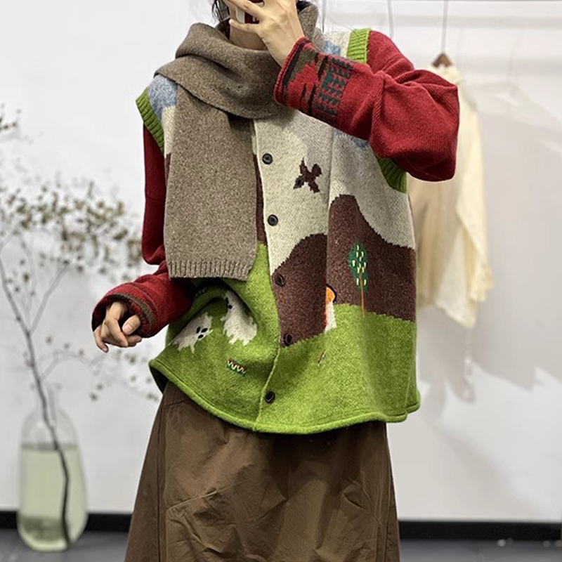 Printing loose knitted Casual art refreshing waistcoat