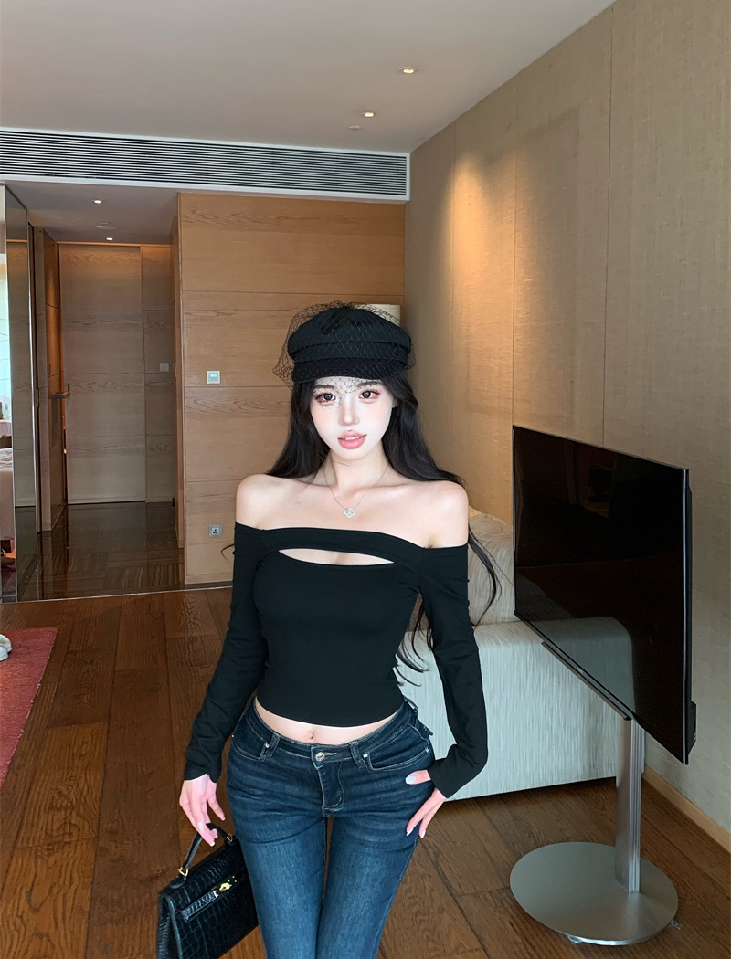 Sexy slim T-shirt flat shoulder long sleeve tops for women