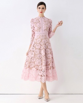 Slim hollow light luxury pinched waist lace France style dress
