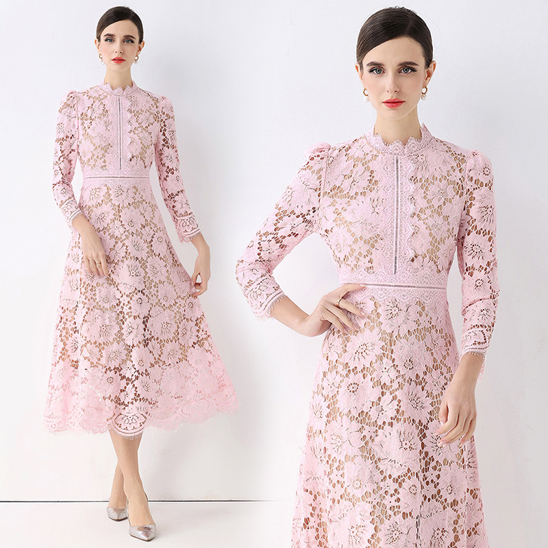 Slim hollow light luxury pinched waist lace France style dress