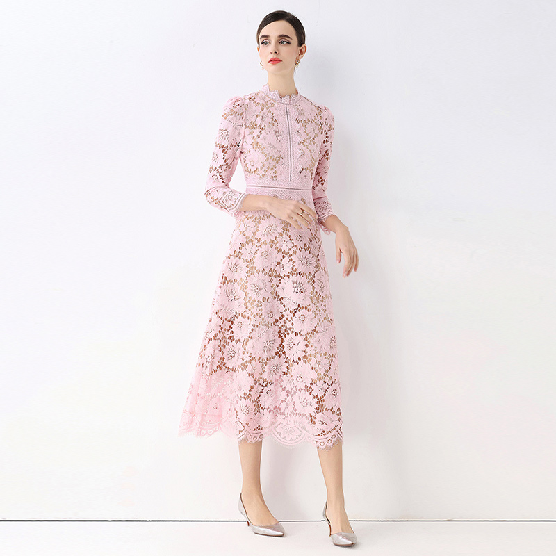 Slim hollow light luxury pinched waist lace France style dress