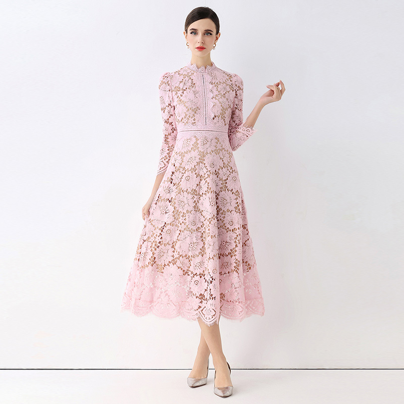 Slim hollow light luxury pinched waist lace France style dress