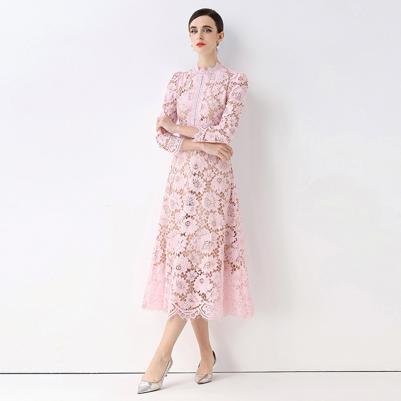 Slim hollow light luxury pinched waist lace France style dress