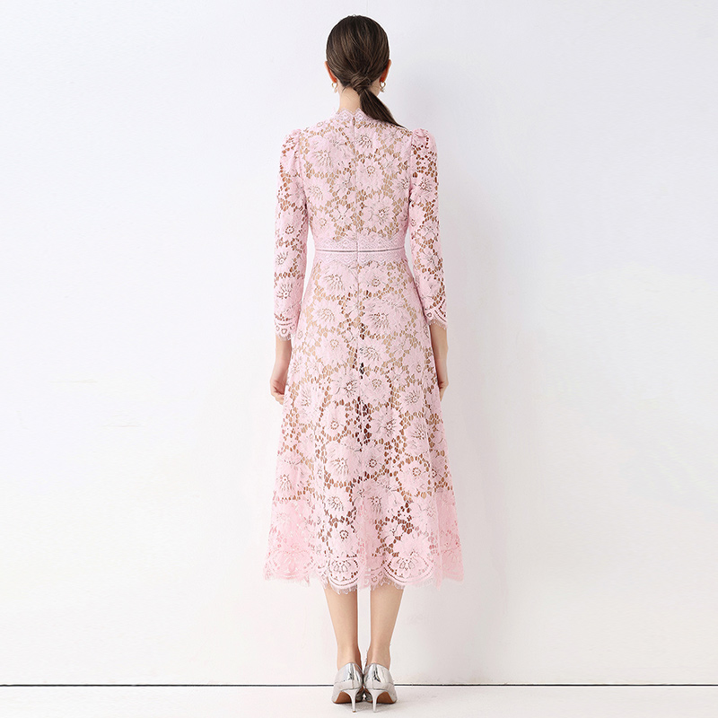Slim hollow light luxury pinched waist lace France style dress