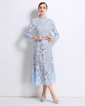 Round neck light luxury lace pinched waist France style dress
