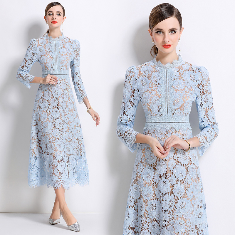Round neck light luxury lace pinched waist France style dress